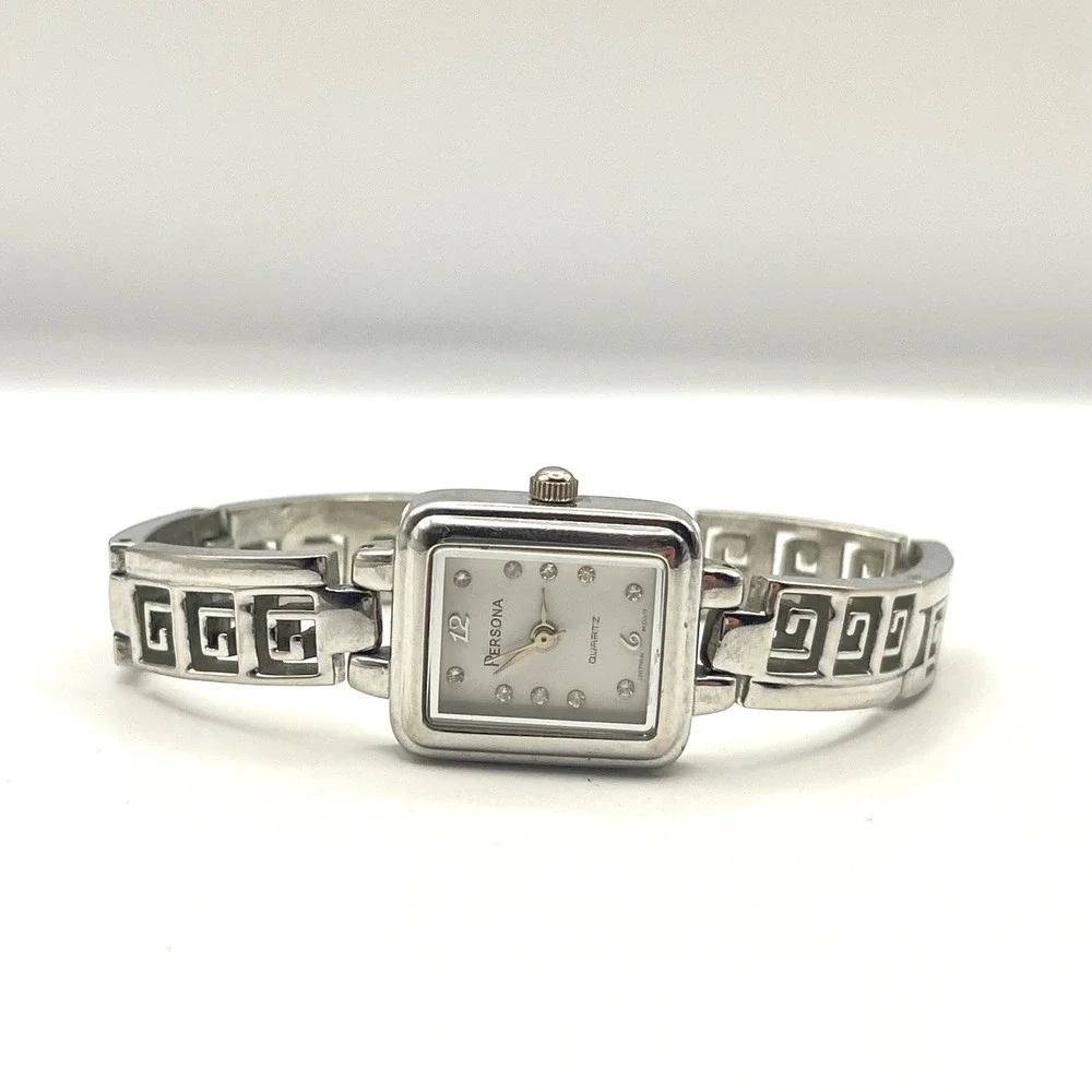 Persona Silver Tone Greek Key Link Bracelet Watch Rectangular Crystal Dial 6in